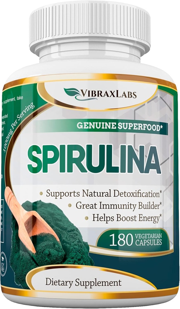 vibraxlabs Spirulina Capsules – 100% Pure 1000mg Serving (500mg Veggie Capsules) Polvere Supplemento, Supporta la disintossicazione naturale, Vantaggi Salute su un livello cellulare, Meglio con clorella