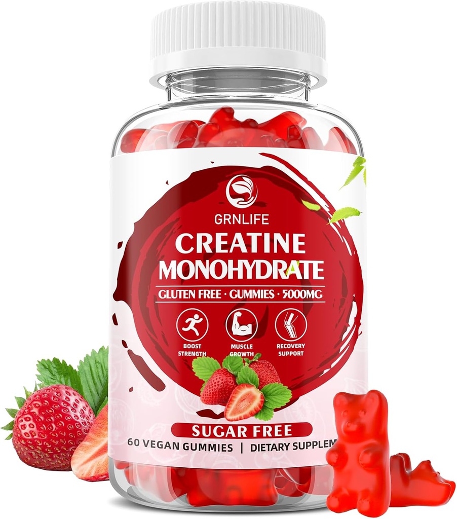Kreatin Monohydrat-Gummien für Männer und Frauen, Chewables Creatine Monohydrate für Muskelkraft, Muskelaufbau, Energie Boost, Zuckerfrei, Vegan, Erdbeer Flavor-60 Count