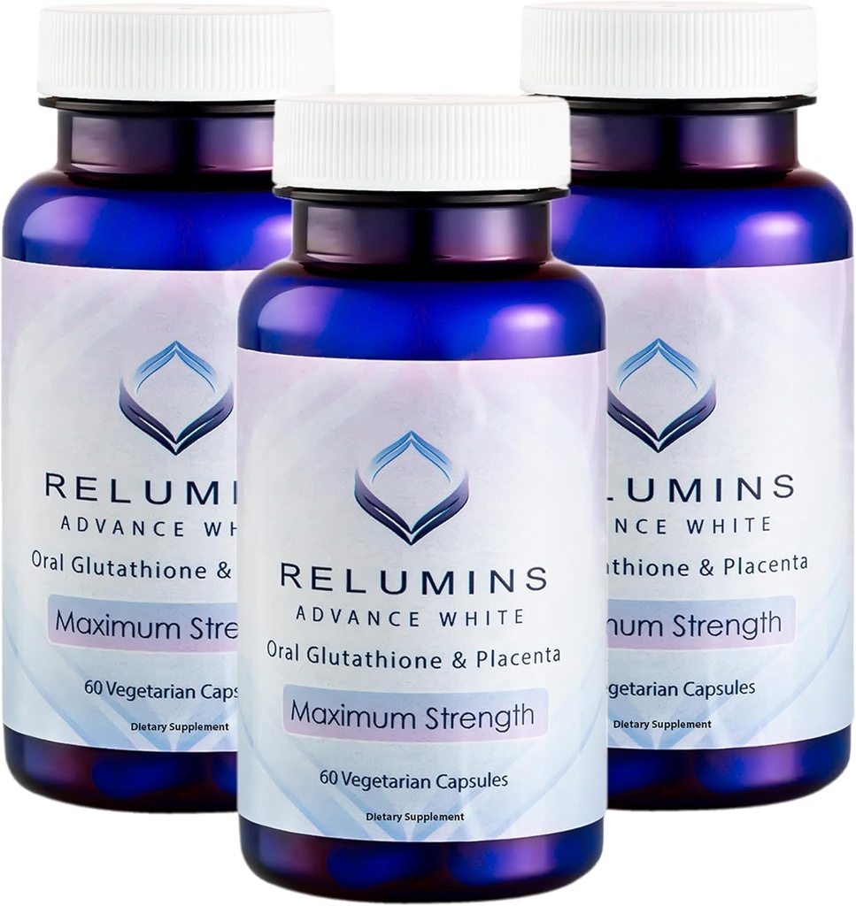 Relumins Advanced White Glutathione Capsules - Max Strength Brightening Supplement mit ALA, Placenta, Rose HIPS & Vitamin C - Kämpfe Oxidative Stress, Unterstützt Collagen & Made in USA - 3 Flaschen