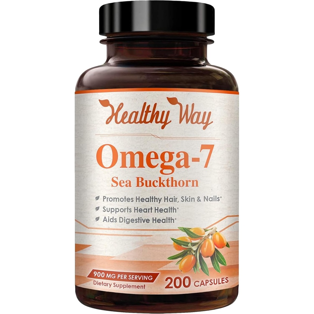 Acides gras purs Omega 7 200 Capsules 900mg Huile de Buckthorn Naturel, NON-GMO USA Fabriqué