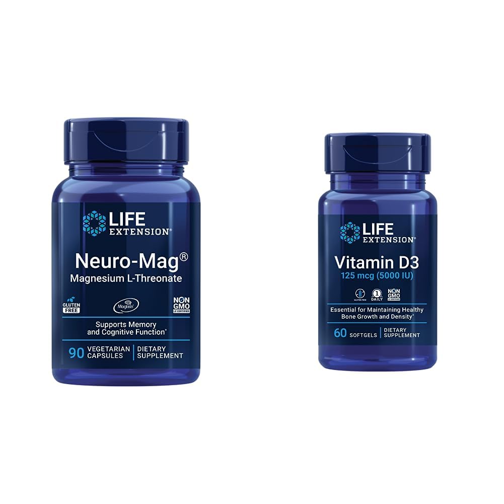 Life Extension Neuro-mag Magnesium L-Threonat und Vitamin D3 Supplement Bundle für Gehirn, Knochen und Immungesundheit