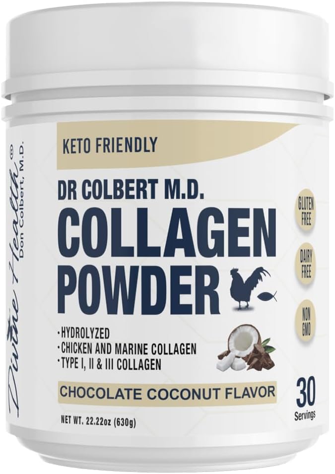 Dr. Colbert, MD Hydrolysed Collagen Powder | Chocolate Coconut Flavor | by Divine Health | Typ I, II, III Collagen | Unterstützt gesundes Haar, Haut, Nägel und Gelenke | Keto Zone | 630g | 30 Servierungen