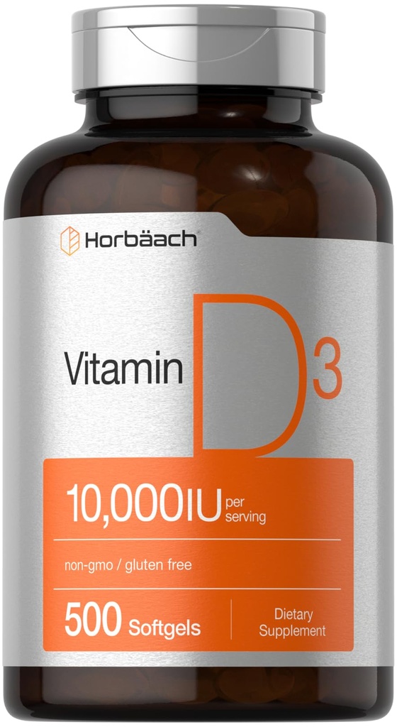 Horbäach Vitamin D3 10000 IU | 500 Softgels | Non-GMO, Glutenfreie Ergänzung | Wert Größe | 250mcg | Hohe Potenz Formel