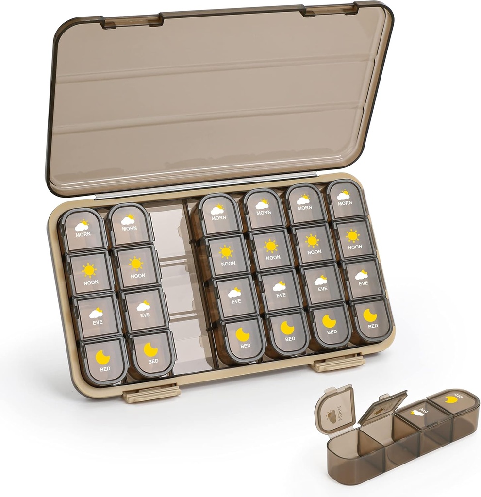 Organisateur de pilules 4 fois par jour, 7 jours Pill Box 4 fois par jour - Acedada Weekly Medicine Box Organisateur avec cas séparé, distributeur quotidien portable de pilules pour suppléments d'huiles de poisson de vitamine, brun