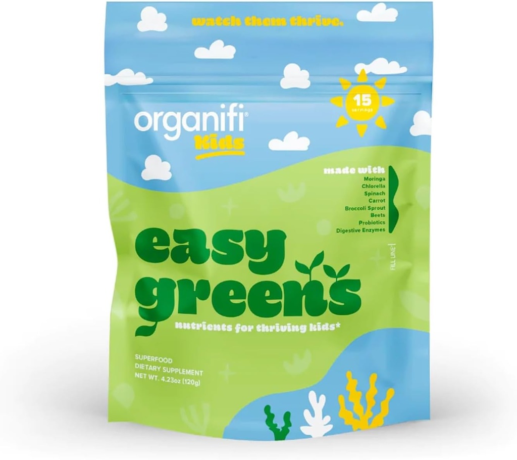 Organifi Kids : Verts faciles - Probiotiques pour enfants faits avec un mélange délicieux de légumes et de superaliments - à base de plantes, végétaliens, et sans gluten, laitiers, ou de soja, 15 portions