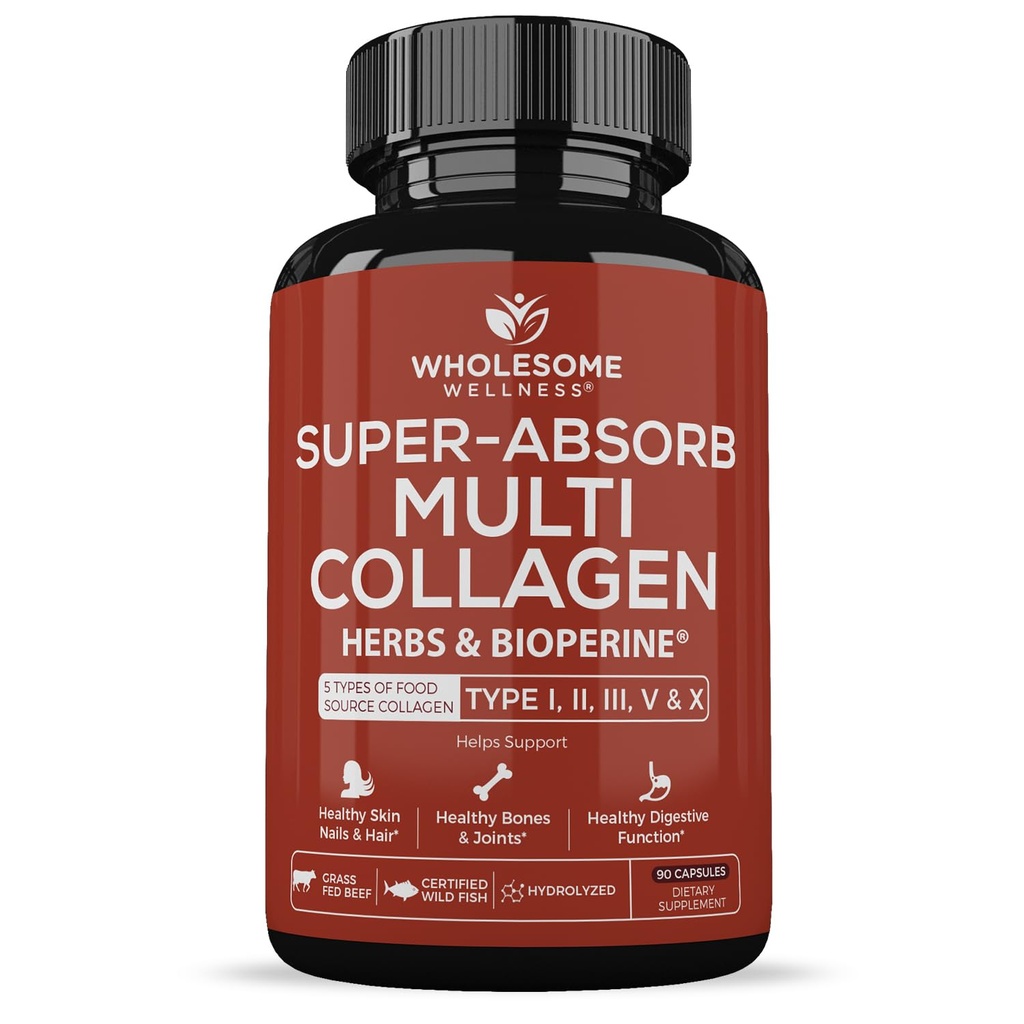 Bien-être sain Super-Absorb Multi Collagène Pilules (Type I II III V X) Herbes et biopérine organiques - Cheveux, peau, ongles - Supplément protéinique de Peptides hydrolysés pour les femmes et les hommes (90 capsules)