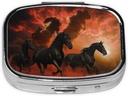 Black Horses Red Glowing Clouds Printed Square Pill Organizer with 2 Compartments, Portable Mini Pill Box Pill Case for Medicine, Vitamin, Fish Oil, Supplements