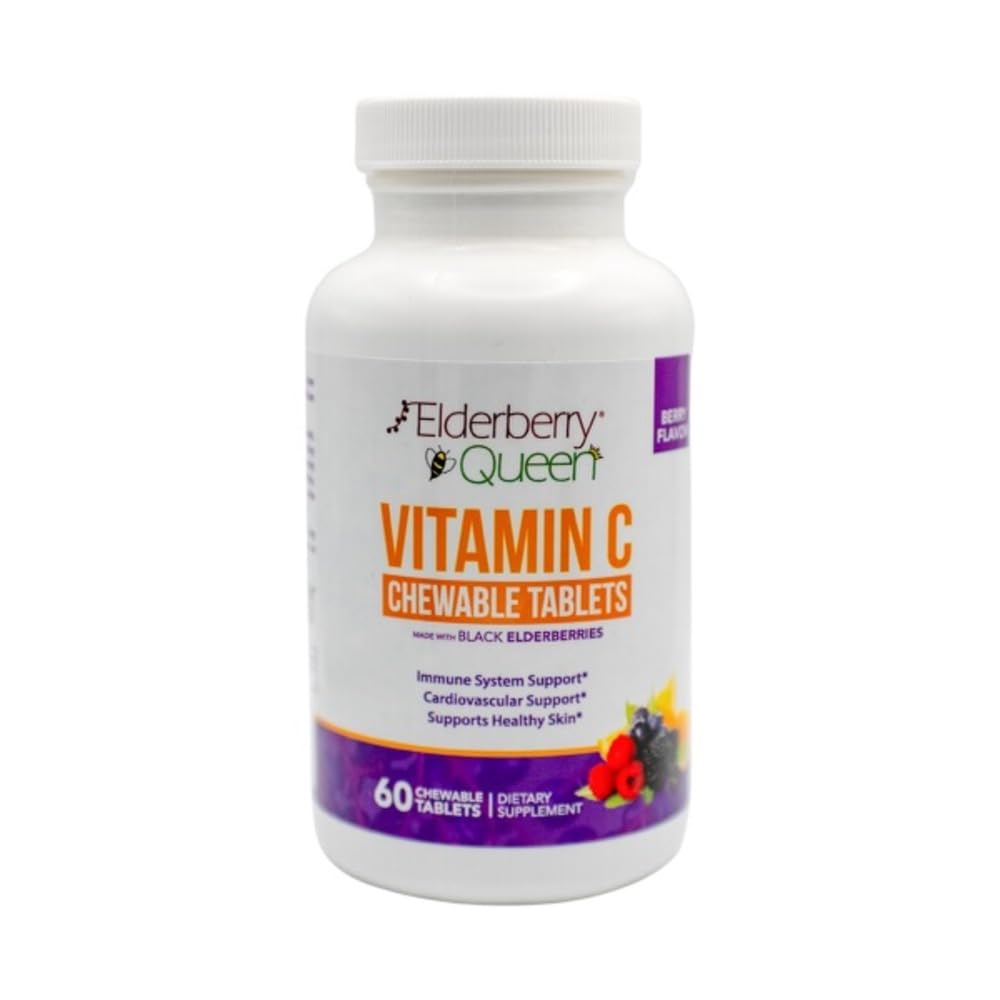 Elderberry Queen Kaubares Vitamin C 500mg - Immune Boost & Antioxidante Unterstützung Tabletten mit Vitamin A, E & Organic Echinacea, Elder Fruit, Acerola - Natürliche Nahrungsergänzung, 60 Count