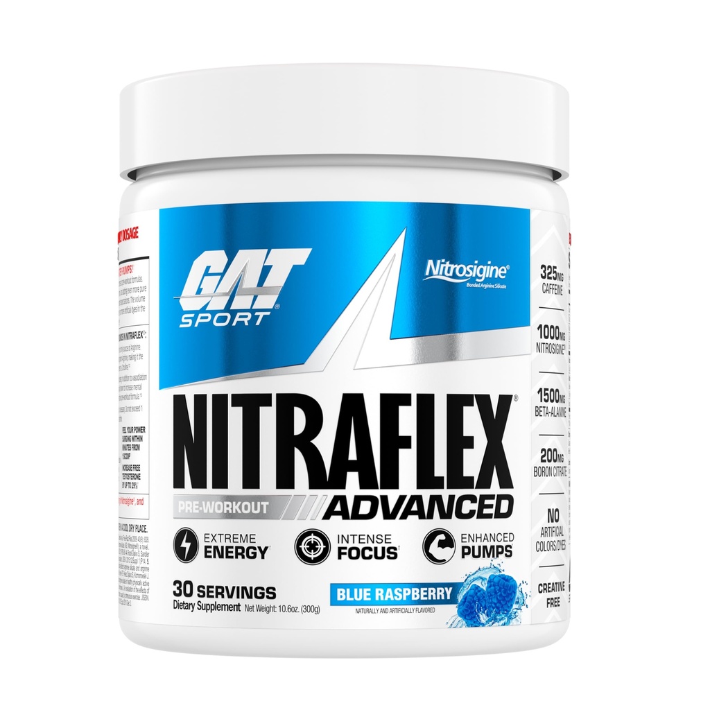 GAT SPORT Nitraflex Advanced Pre-Workout Powder, Increases Blood Flow, Boosts Strength and Energy, Improves Exercise Performance, (Blue Raspberry, 30 Servings)