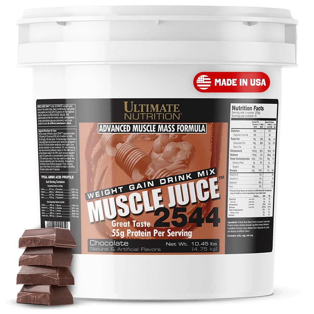 Ultimate Nutrition Muscle Juice, Weight Gain Drink Mix - Polvere di allenamento Mass Gainer per gli uomini e le donne - Supplemento per la crescita muscolare magra e supporto immunitario con 55g Protein - Chocolate, 10.45lb