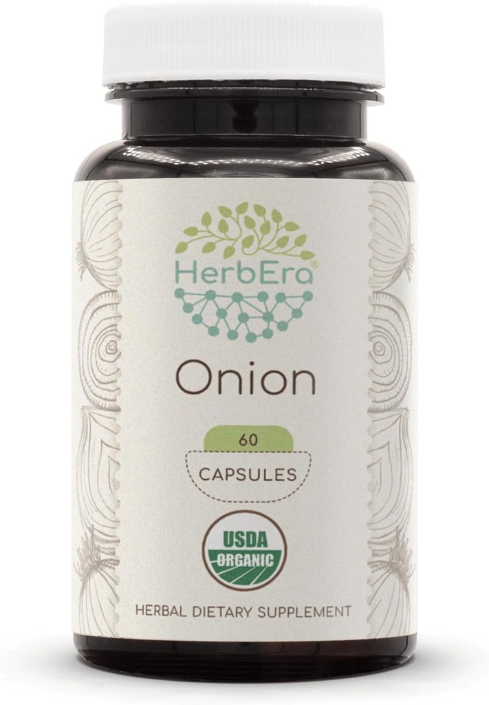 HerbEra Zwiebel USDA Organic 60 Kapseln | Natürliche Kräuterergänzung | Zertifizierte organische vegetarische Kapseln und Organische Zwiebel (Allium cepa) Getrocknete Birne (60 Kapseln)