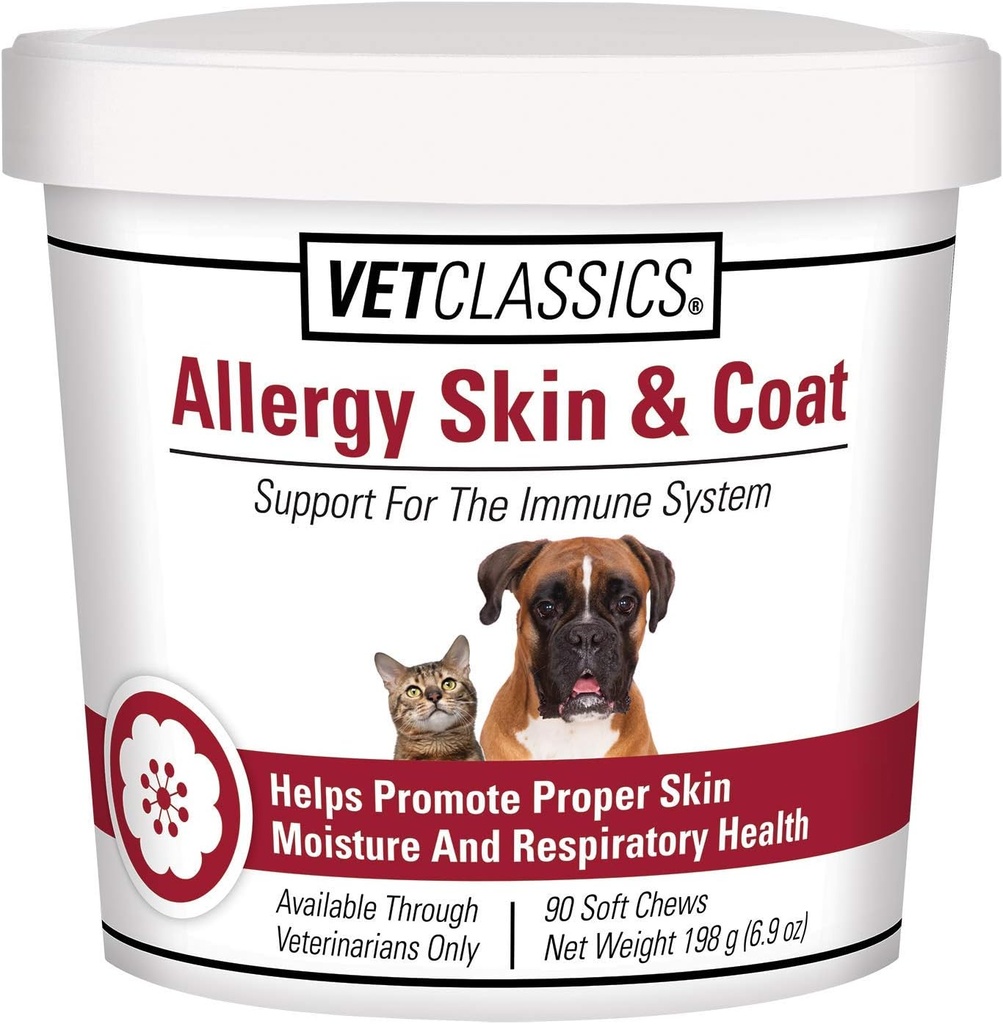 Vet Classics Allergy Skin & Coat Support Supplemento per cani e gatti – Integratore per la salute degli animali domestici per l'umidità della pelle di gatto, Allergie per cani, Salute respiratoria degli animali domestici– Include antiossidanti – Cuciture morbide 90 Ct.