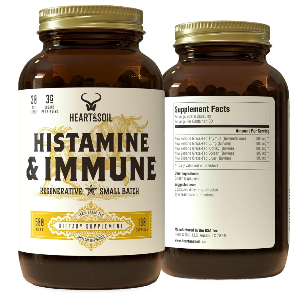 HEART & SOIL – 100% Grass Fed & Finished Histamine & Immune Support Supplement from Regenerative Cattle with Thymus, Lung, Spleen, Liver, & Kidney – Immune Defense – Glass Bottle – 180 Capsules