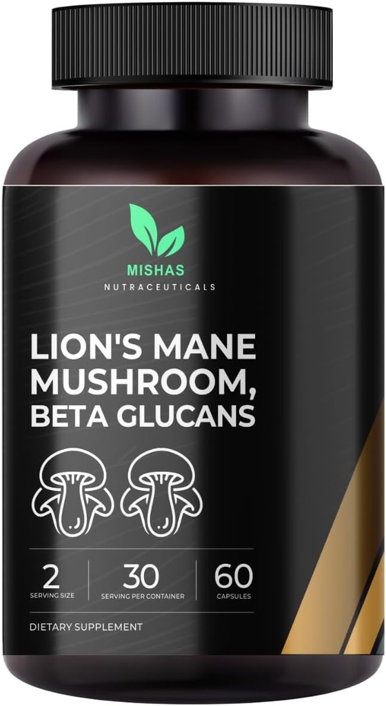 Mishas Lions Mane Supplement - Organic Lions Mane - Brain Health Support - Mushroom Support per Focus & Memory, Immune & Nervous Function System Women & Men - 60 Vegan Capsules