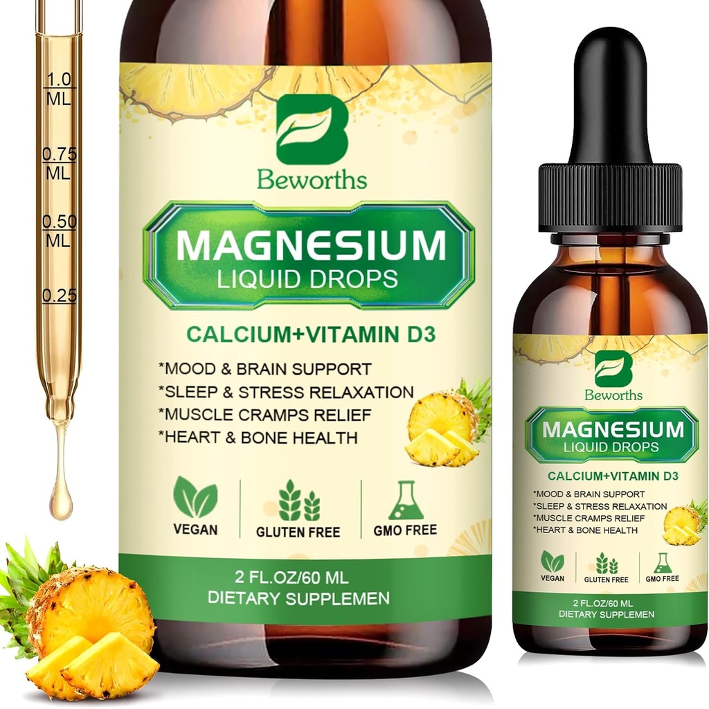Magnesium-Glycinat-Komplex, Magnesium-Flüssigtropfen mit Magnesium-Zitrat, Calcium, Kalium, Vitamin D3, Zink - Magnesium-Staurat-Ergänzung für Knochen, Energie, Muskelunterstützung