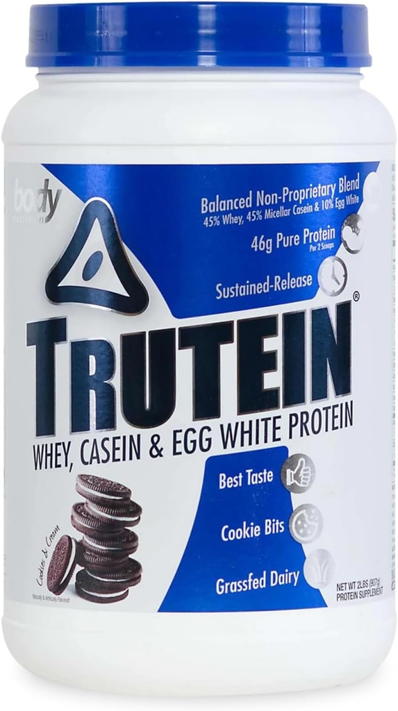 Body Nutrition Trutein High Protein Powder: 45% Whey, 45% Casein, 10% Egg White Protein Shake Mix, Low Sodium, Low Carb Protein Supplement Powder für Männer & Frauen, Cookies & Cream, 2lb