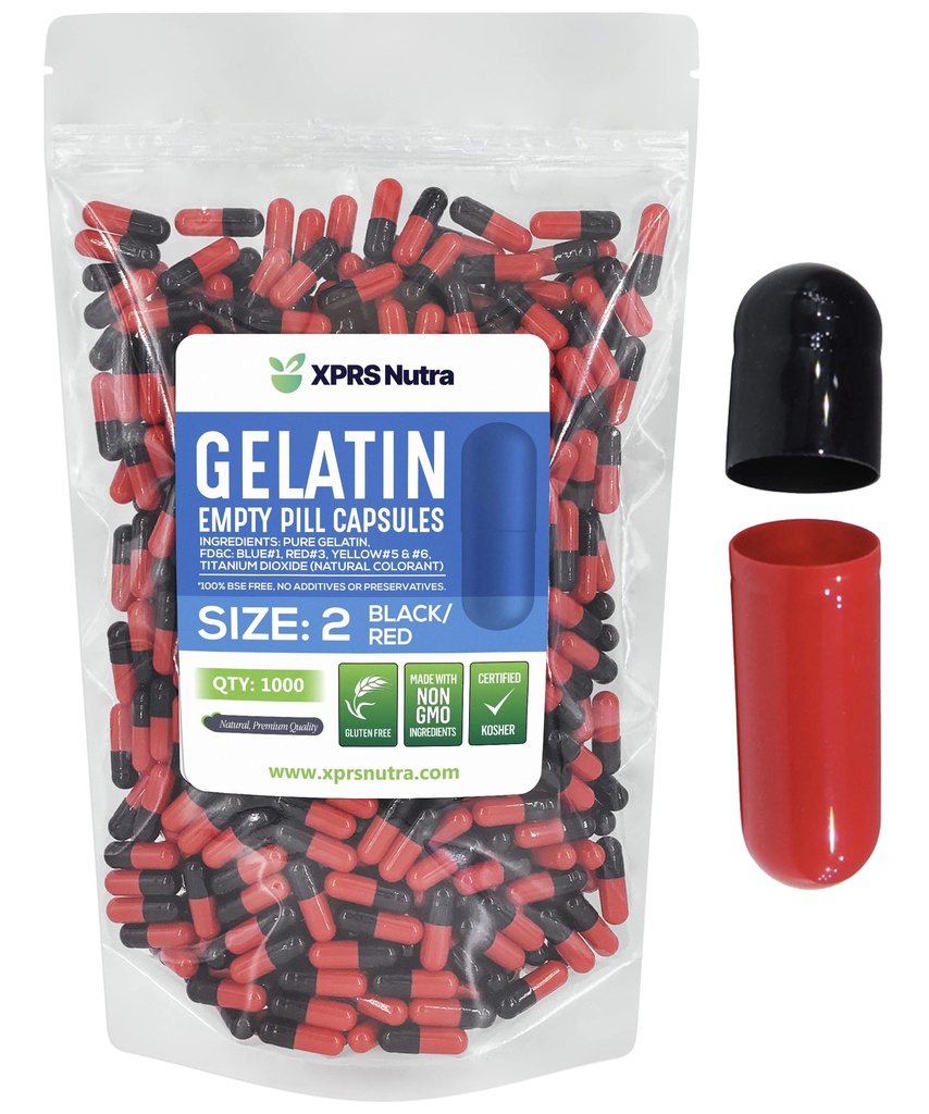 XPRS Nutra Größe 2 Leere Kapseln - 1000 Graf Leere Gelatine Kapseln - Pillen DIY Kapsel Füllung - Pure Bovine Pill Gel Kapseln für Do-It-Yourself Ergänzungen (schwarz/rot)