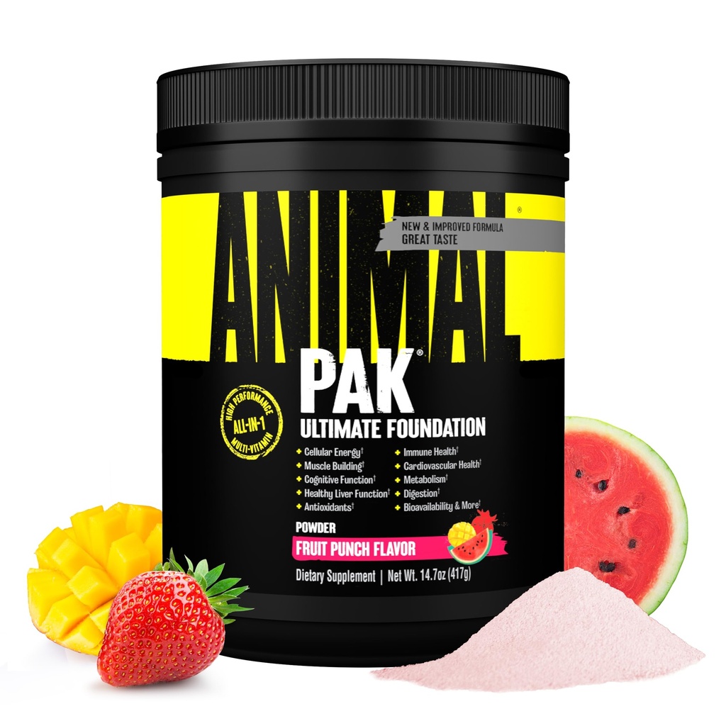 Pak animal - Poudre de vitamines et suppléments tout-en-un - Zinc, vitamines C, B, D, acides aminés, soutien immunitaire, enzymes digestives et plus - Multivitamine quotidienne pour les femmes et les hommes - 60 scoops