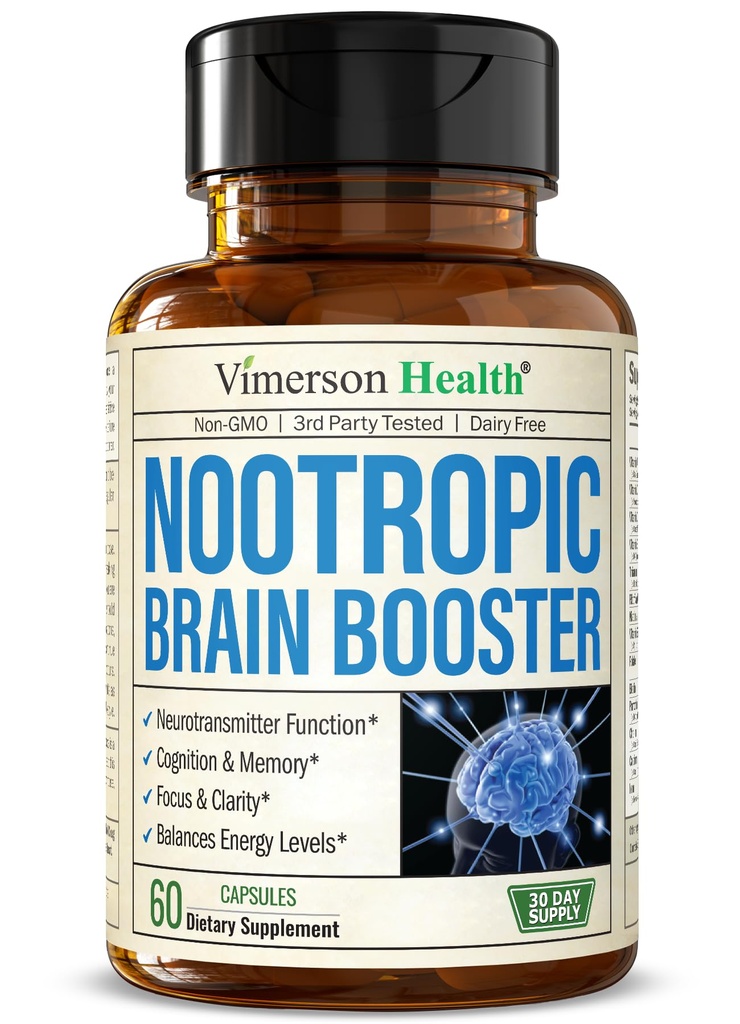Nootropics Brain Support Supplement - Nootropic Brain Booster für verbesserten Fokus, Konzentration und Speicher. Gehirn Nootropic für Gehirngesundheit, Stimmung & Energie Unterstützung. Nicht-GVO. Hergestellt in den USA. 60 Kapseln