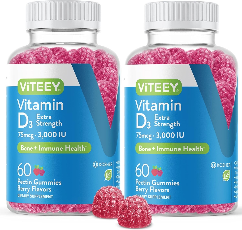 Vitamin D3 Gummies for Adults & Teens - 3,000 IU, 75mcg, Extra Strength - Joint & Muscle Health, Immune Boost - Chewable Vitamin D Gummies - Vegetarian, Gelatin Free - Tasty Berry Flavored Gummy