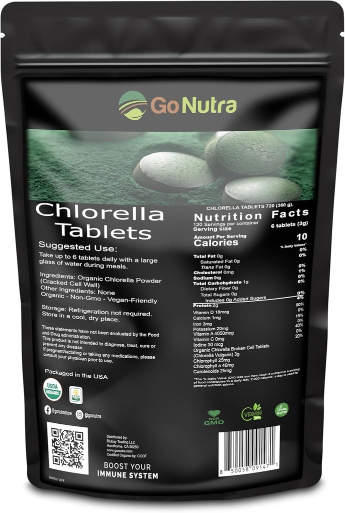 Comprimés de Chlorella Bio Broken Cell, 3000mg par portion, 1000 comprimés - Superaliments riches en minéraux, vitamines, chlorophylle, acides aminés, acides gras, fibres et protéines, non-OGM et végétalien
