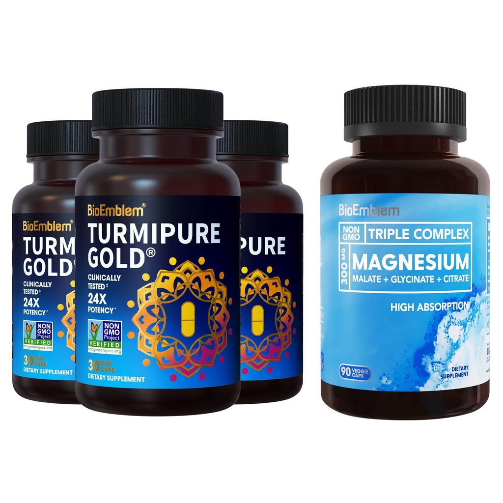 BioEmblem Triplo Magnesio Complesso e BioEmblem Curcumina Turmerica con TurmiPure Clinicamente Studiato - Supporto Giunto, Integratori Turmeri di Inflammazione Sani