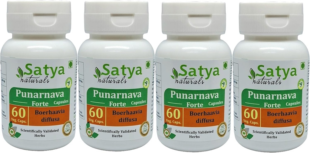 Punarnava Forte Capsule 500 mg. 60 Veg. Capsule | Punarnava (Boerhaavia Diffusa) Estratto di capsule per uomini e donne | Ayurvedic Herbal Supplement/Rimedies | 10:1 Forte (4 Bottiglie di 60 capsule)