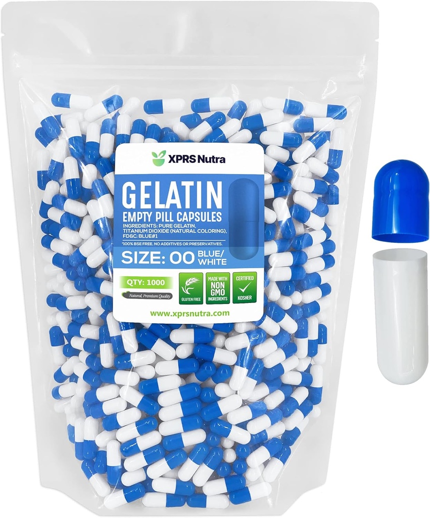 XPRS Nutra Größe 00 Leere Kapseln - 1000 Graf Leere Gelatine Kapseln - Pillen DIY Kapsel Füllung - Füllbare Pille Gel Kapseln für Do-It-Yourself Ergänzungen (blau/weiß)