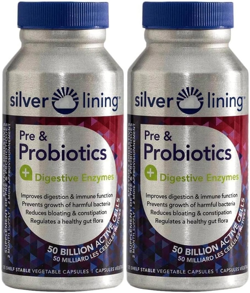 Silver Lining Pre & Probiotics + Verdauungsenzyme | 50 Billion CFU/Aktivzellen | Verdauungs- und Immunfunktionsunterstützung, Reduziert Bloating | Regalstabile Formel | 240 Count (Pack von 2)