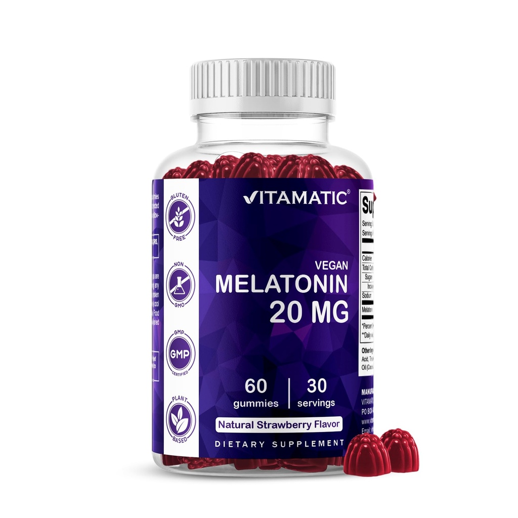 Vitamatic Melatonin 20mg Gummis für Erwachsene, 30 Portionen - 60 Count - Non-Habit Forming Supplement