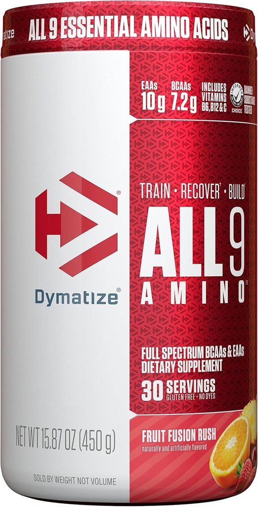 Dymatize All9 Amino, 7,2g BCAAs, 10g Full Spectrum Essential Amino Acids Per Serving for Recovery and Muscle Protein Synthesis, Fruit Fusion Rush, 30 Servings, 15.87 Ounce