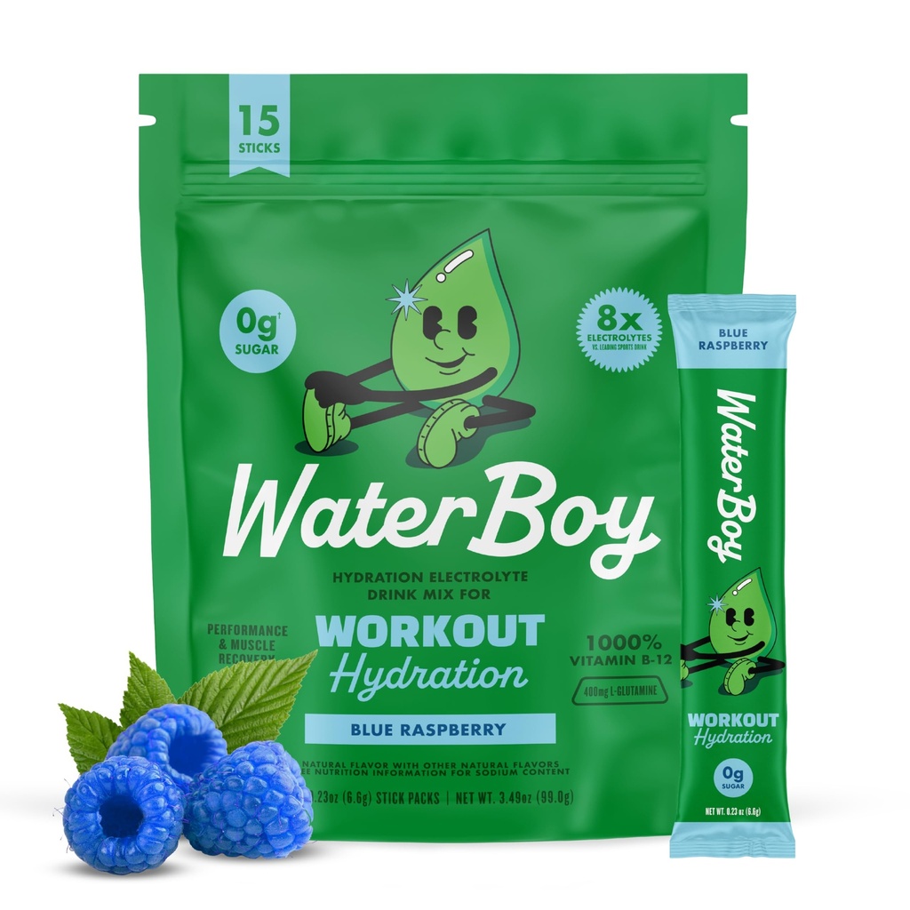 Waterboy Workout Hydration | 2,960mg Zucchero gratuito Electrolyte Powder Packets | L-Glutamine + Vitamine | No Sugar, All Natural, Gluten Free | 15 Bevande Stick Mixs (Blue)