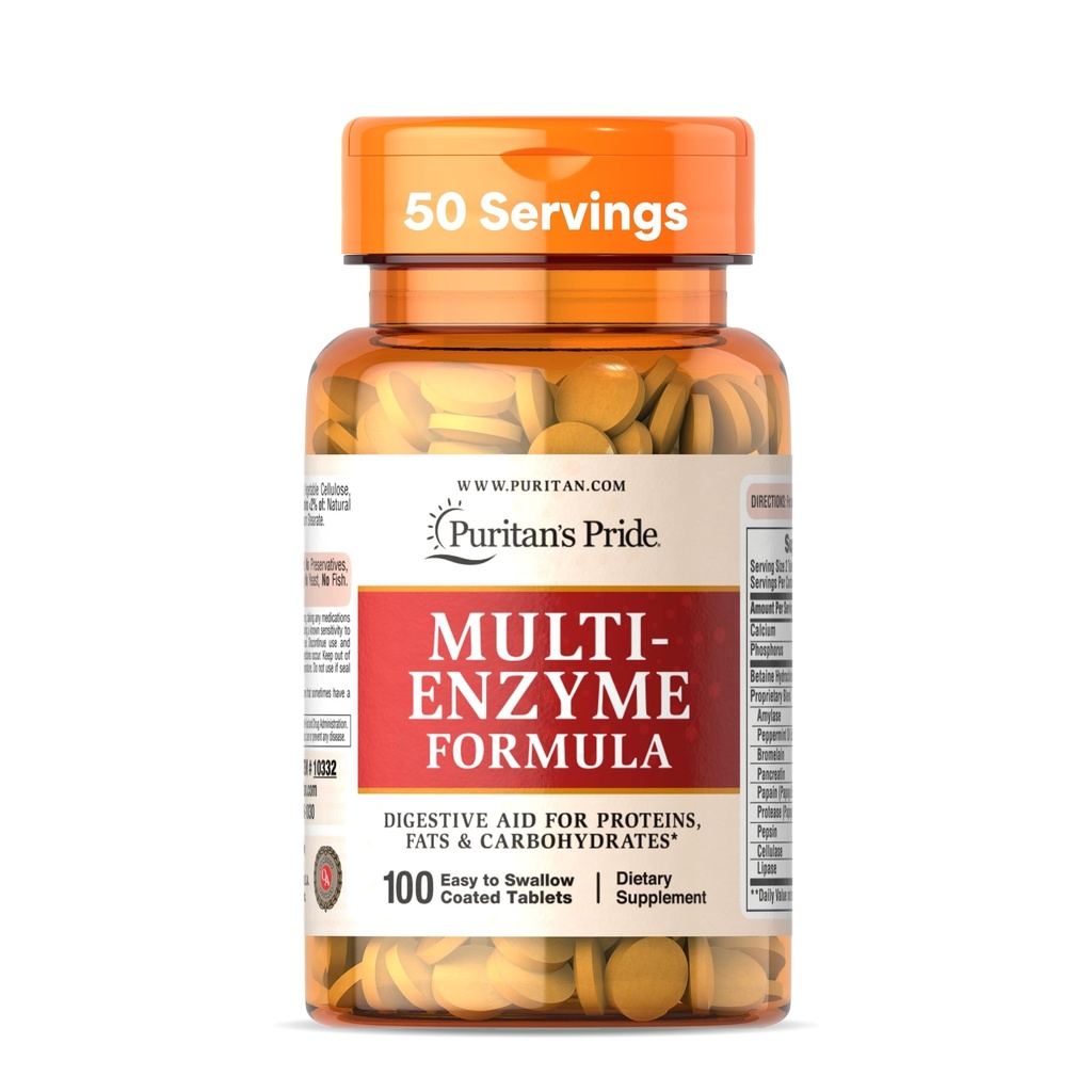Puritan's Pride Multi-Enzyme Formula, Aiuto Digestivo per Proteine, Grassi e Carboidrati, Supplemento dietetico per la digestione e il supporto di Gut sano, 50 giorni di alimentazione, 100 Facile da ingoiare compresse rivestite