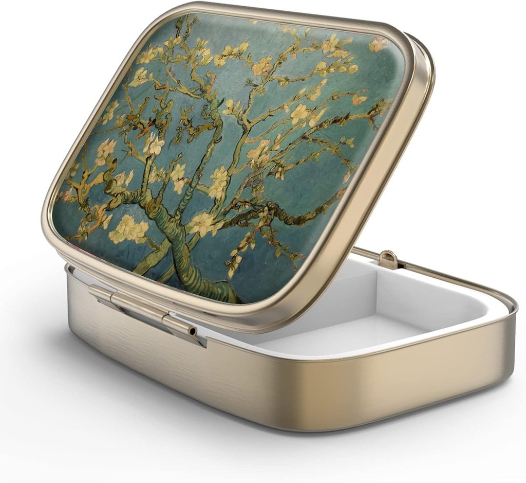 Pille Case Pille Box mit Spiegel Retro 2 Compartment Small Pill Case für Geldbörse oder Tasche Bronze Rechteckige Pille Box oder Vitamine, Fischöl, Ergänzungen, Pille Enthalten Reise-Geschenk(Vangogh Art)