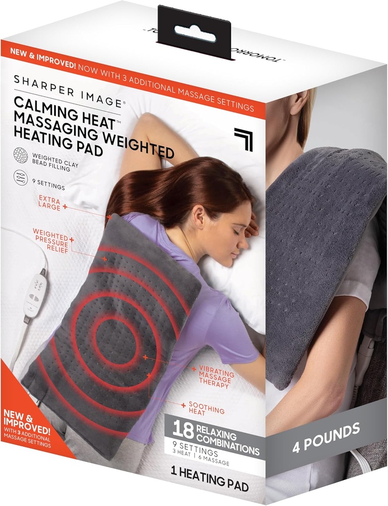Calore riscaldante riscaldante riscaldante riscaldante ponderato da Sharper Image- ponderato Pad riscaldante elettrico con vibrazioni di massaggio, 9 Impostazioni- 3 Calore, 6 Massaggio- 18 Combinazioni rilassanti, 12” x 24”, 4 lbs