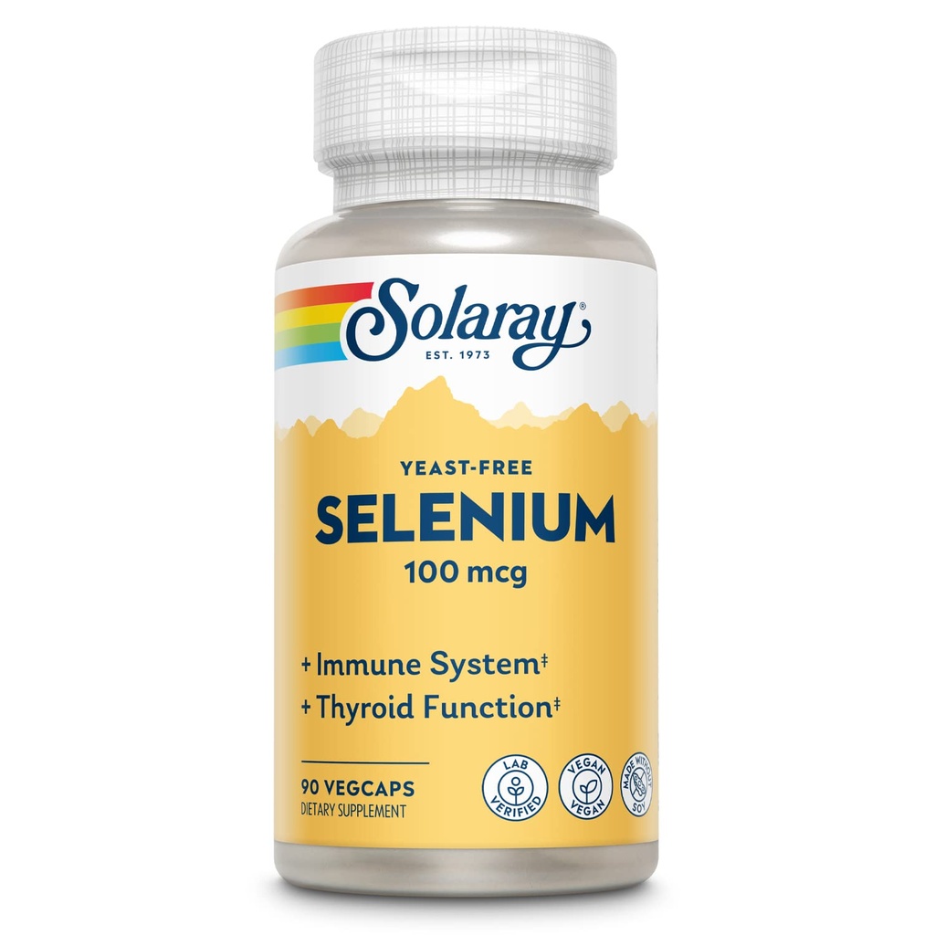 SOLARAY Sélénium 100 mcg Supplément pour les femmes et les hommes - Sélénium 100 mcg Capsules, Thyroïde & Immune Health Support, Sans levure, L Sélénométhionine, Antioxydant Support, Vegan - 90 Veg Caps