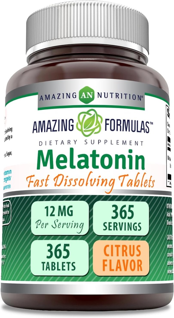 Amazing Formulas Melatonin Fast Dissolving Supplemento | Citrus Flavor | 12 Mg Per Serving | 365 Compresse | Non OGM | Gluten Free | Made in USA