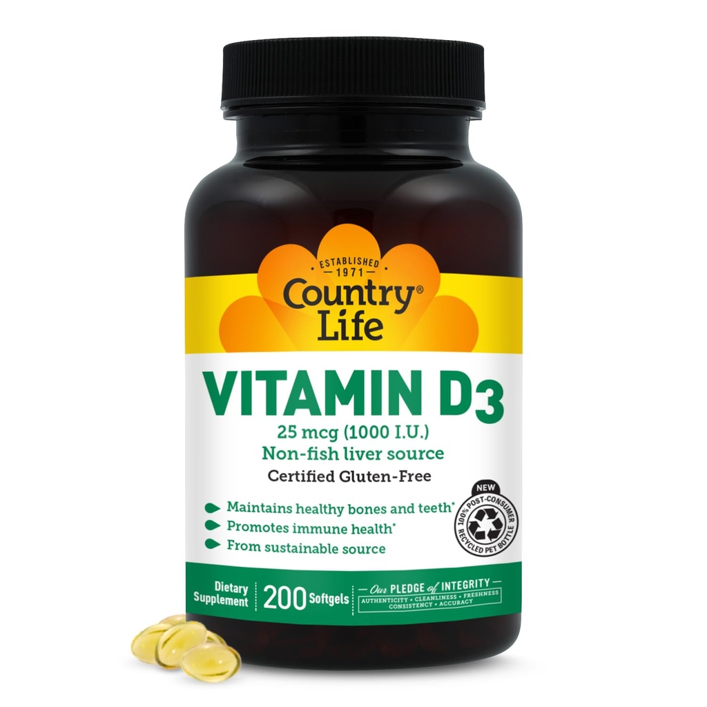 Country Life Vitamin D3 1000 IU Weichgel, groß, 200 sg, 200 Count