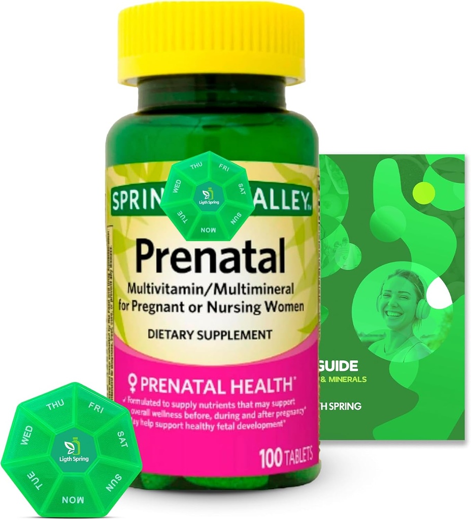 Prenatal Multivitamin/Multimineral 100 Tablets with Bundle Exclusive Vitamins & Minerals - A to Z -Better Ligth&Spring Guide + Weekly Pill Organizer (3 Items)