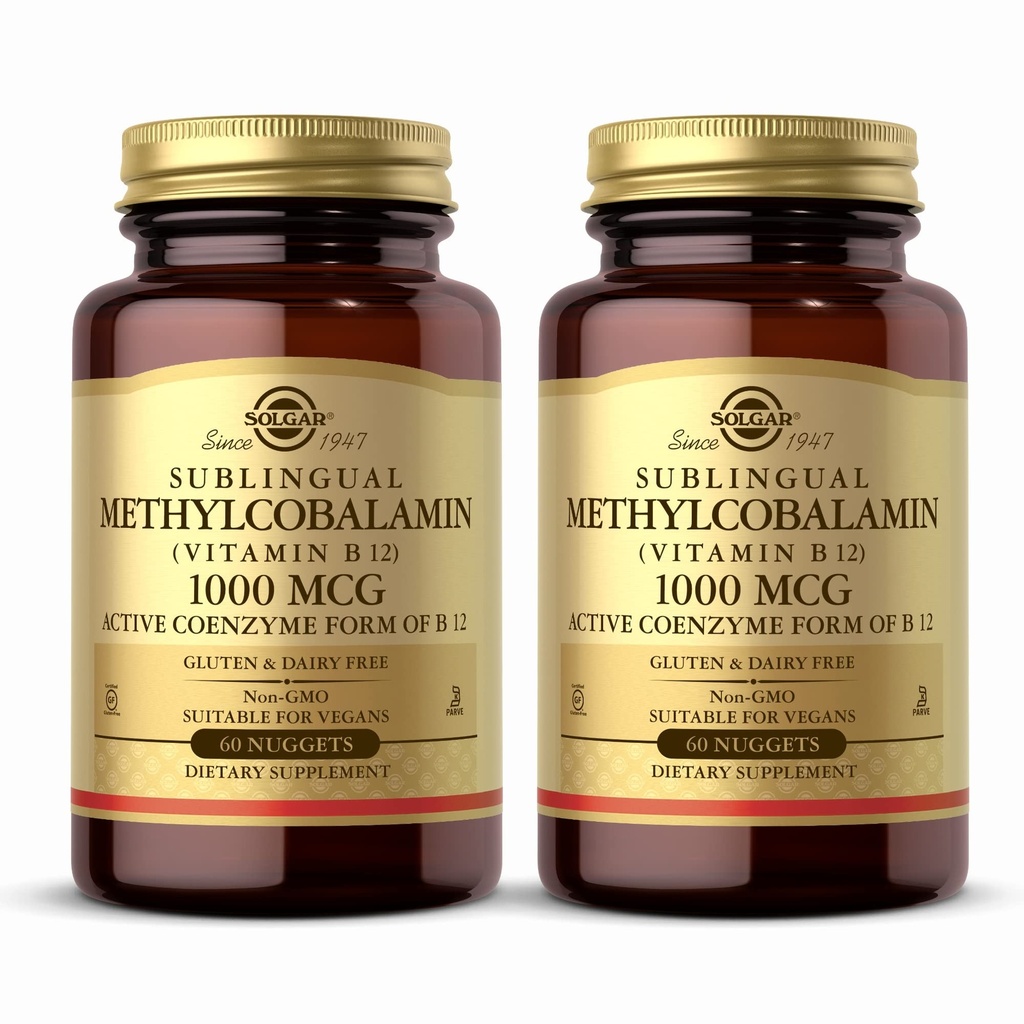 Solgar Methylcobalamin (Vitamin B12) 1000 mcg - 60 Nuggets, Packung von 2 - Unterstützt Energiemetabolismus - Nicht-GVO, Vegan, Glutenfrei, Milchprodukte frei, koscher - 120 Portionen insgesamt