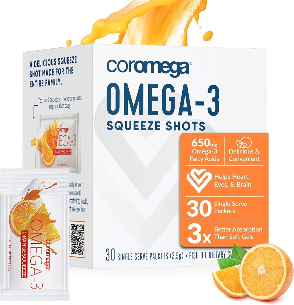 Coromega Omega 3 Fischöl-Ergänzung, 650mg Omega-3s mit 3X besserer Absorption als Softgels, Orange Flavor, 30 Single Serve Squeeze Packets