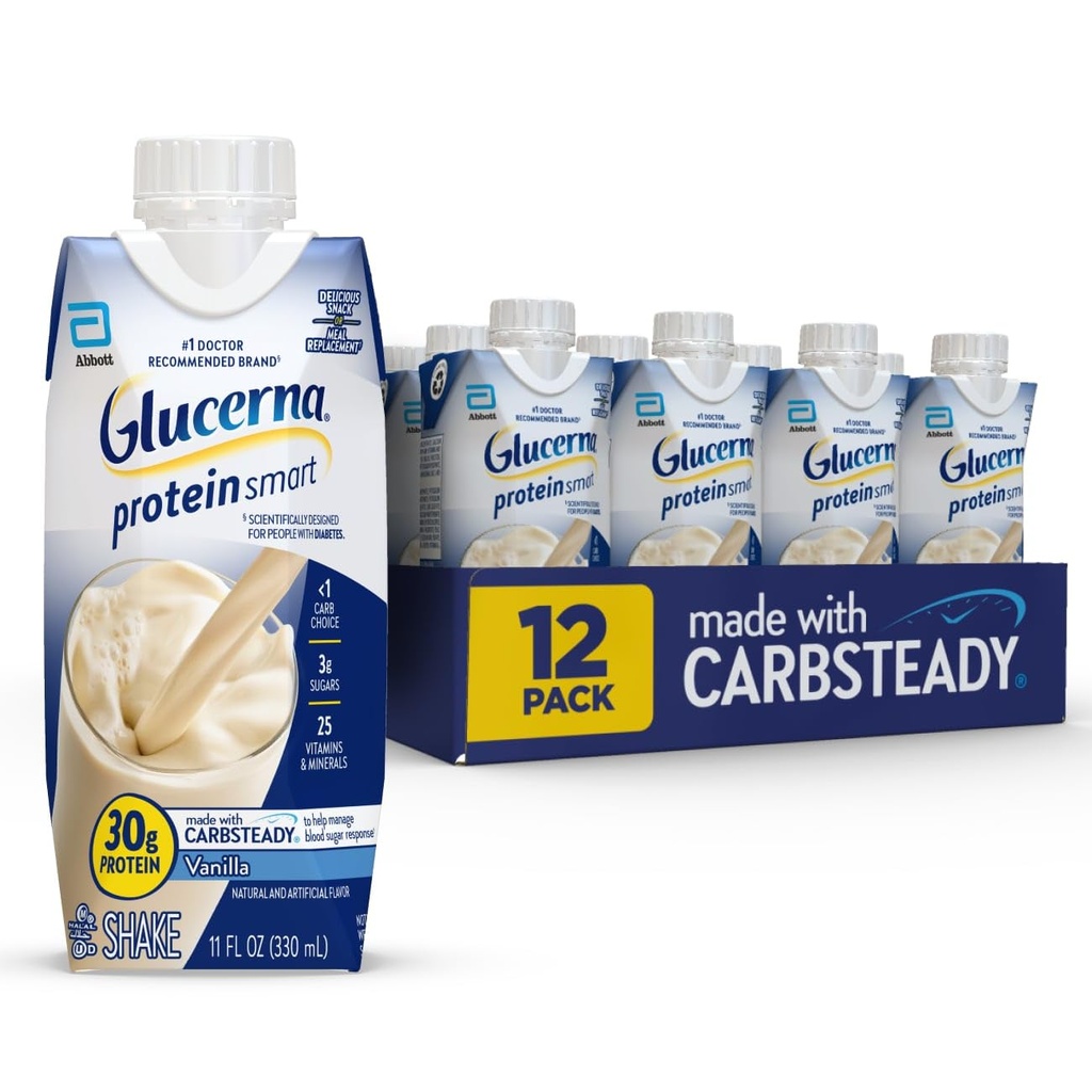 Glucerna Protein Smart Diabetes Care Shake, Vanille, Diabetic Meal Ersatz zur Unterstützung von Blutzucker Management, 30g Protein, 150 Kalorien, Bereit zu trinken, 11-fl-oz Flasche, 12 Pack