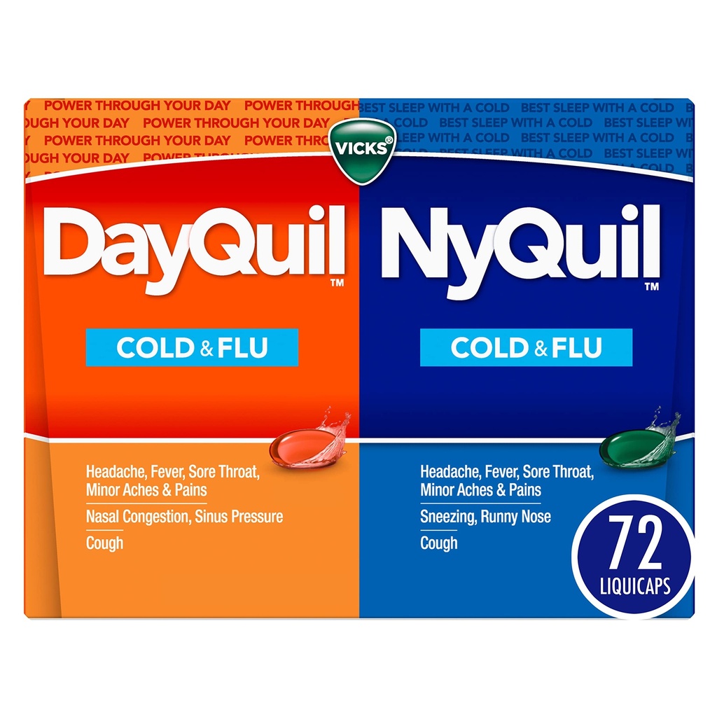 Vicks DayQuil & NyQuil Co-Pack, Cold & Flu Medicine, Powerful Multi-Symptom Daytime & Nighttime Relief für Kopfschmerzen, Fever, Sore Throat, Minor Aches & Pains, & Cough, 72