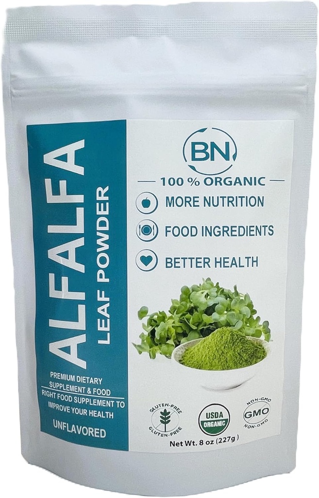 Alfalfa Leaf Powder - Green Superfood Supplemento per Bevande, The, Shakes, Vegan, Gluten Free, Non OGM, Kosher