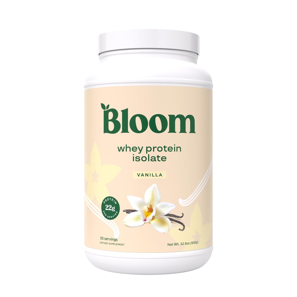 Bloom Nutrition Whey Isolate Protéines Poudre, Vanille - Pure Iso Post Workout Recovery Drink Blend, Smoothie Mix avec des enzymes digestives pour la santé Gut - faible teneur en glucides, Keto & Zero sucre ajouté