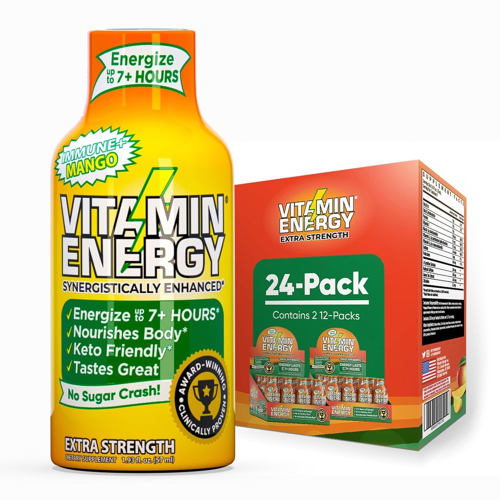 Vitamin Energy Immune+ Extra Strength Energy Shot Mango 24 Pack, 260mg Natürliche Koffein, B-Vitamine, Citicoline, Grüner Tee, Immunität und Fokus-Unterstützung, Zero Sugar, Glutenfreie 1.93 fl oz