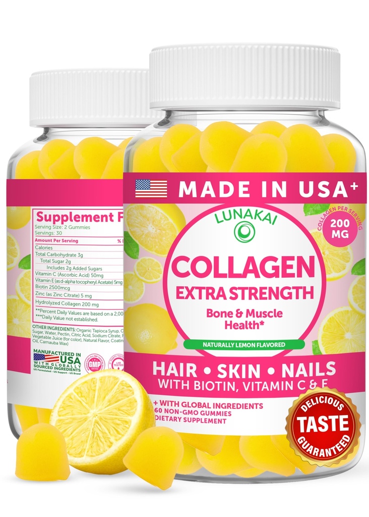 Lunakai USA Made Collagen Peptides Gummies - 200 mg Anti-OGM Formula con Biotina, Zinco, Vitamine C & E per Capelli, Pelle e Unghie, 60ct