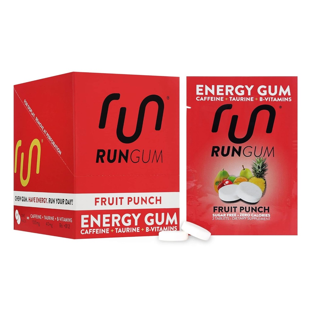 RUN GUM Fruit Punch Energy Chewing Gum 50mg Caffeine Taurine & B-Vitamins Per Piece, 24 Pezzi (Pack of 12) Sugar Free, Zero Calorie, No Aspartame, and Gluten Free, 1 ea