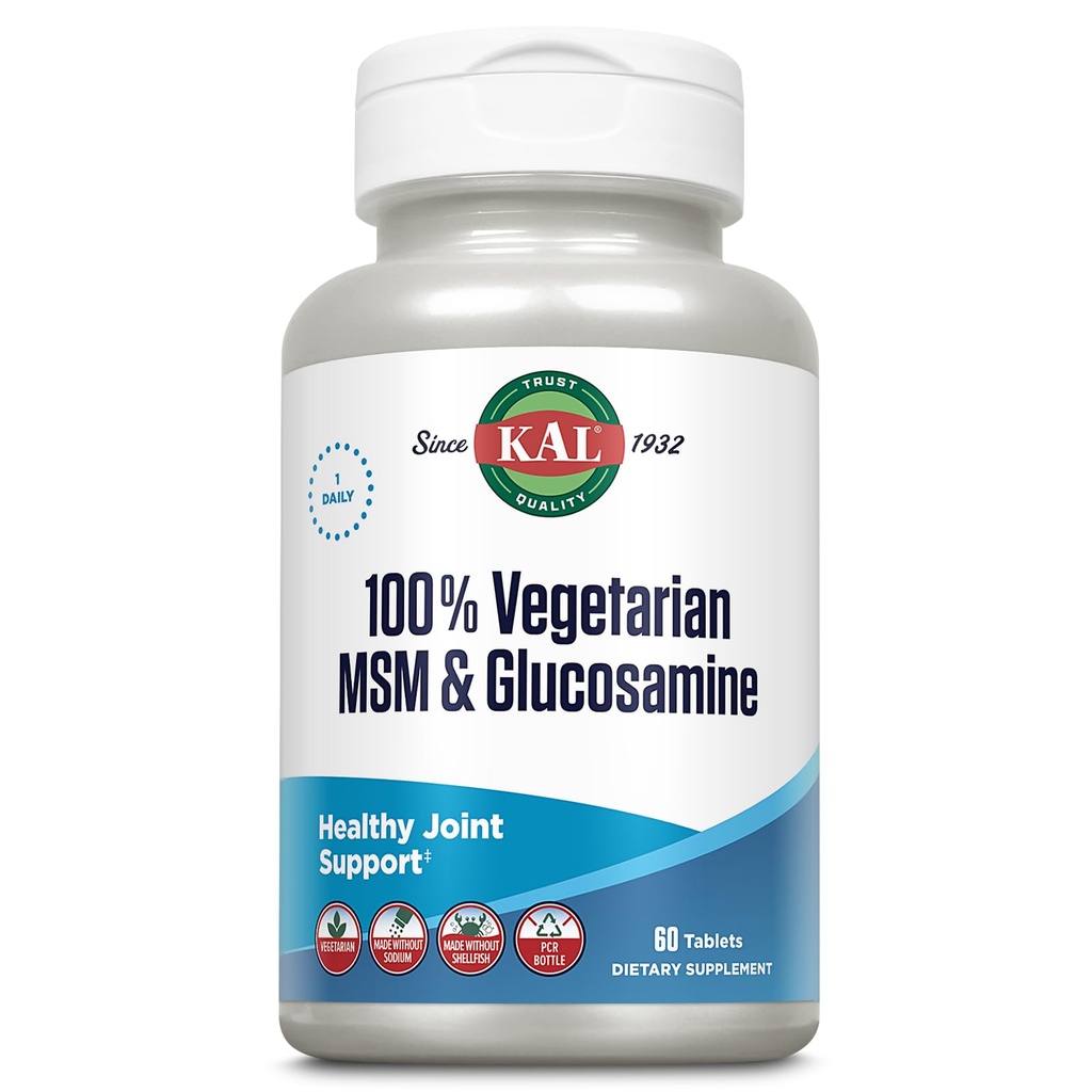 KAL 100% Vegetariano MSM & Glucosamine - Supporto Comunico Sano - Vegan Glucosamina e Integratore MSM - Made Without Shellfish - Lab verificato - 60 giorni di garanzia - 60 porzioni, 60 compresse