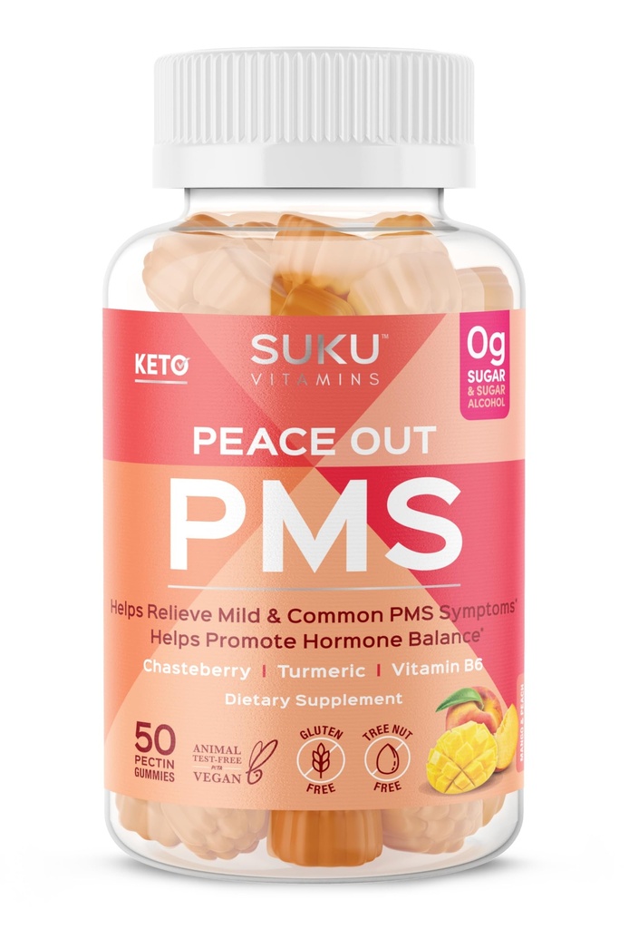 Vitamine SUKU - PMS Gummy Supplemento con Chasteberry per alleviare le PMS e Menopause Peach Mango Gummies (50 Conte)